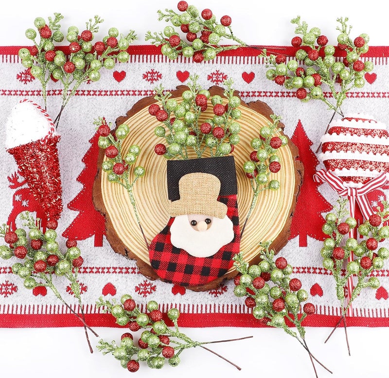 Meching 24 Pack Christmas Glitter Green Red Berry Stems, 7.5 Inch Artificial Christmas Berries Picks for DIY Crafts Xmas Tree Christmas Wreath Home Wedding Home Party Decoration (Green&Red) - Image 3